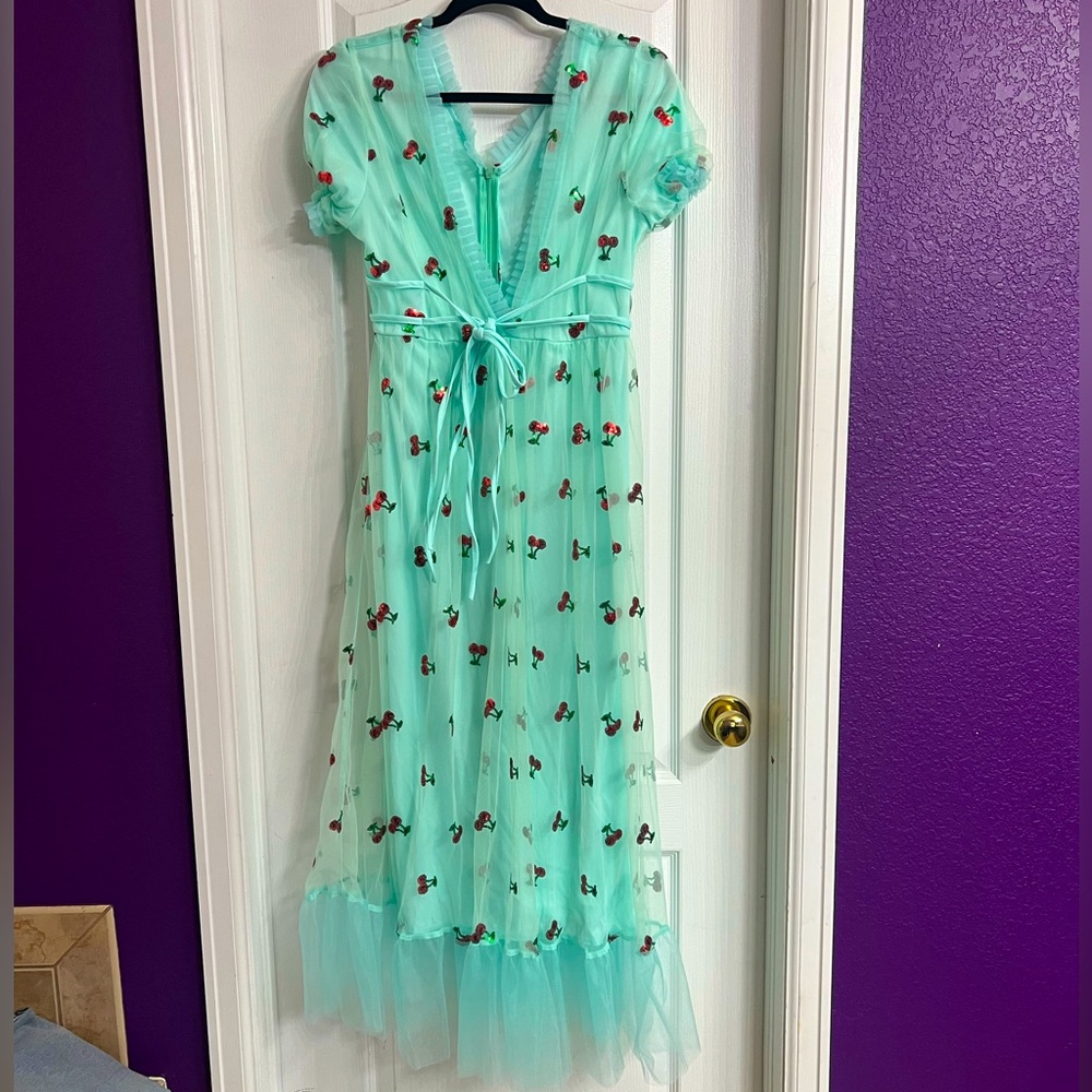 New Vintage Low Cut light Blue Maxi Dress with cherry designs size XL